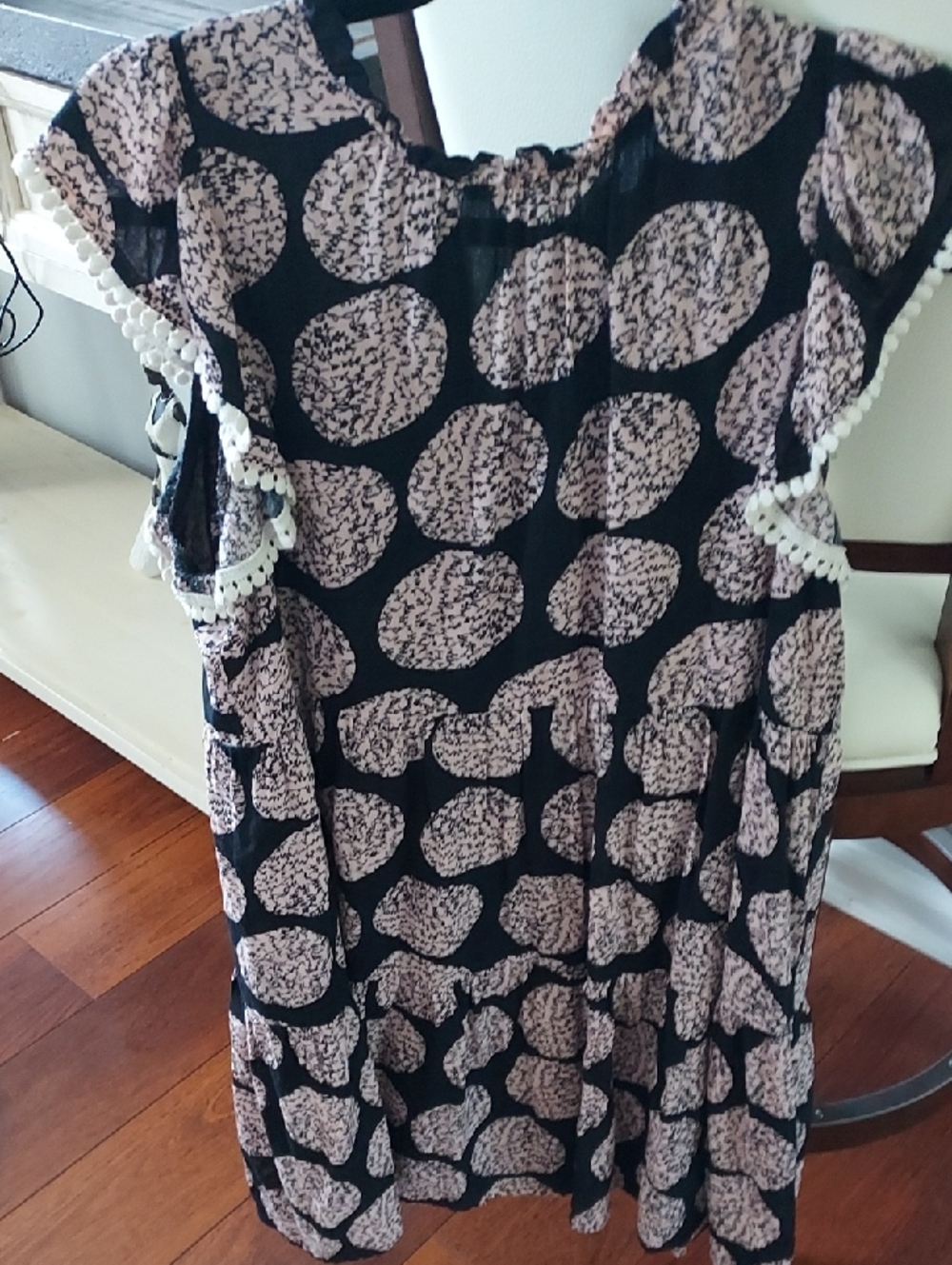 THML Black Dress with Cream Large Dot Print and Pom-Trim Sleeves